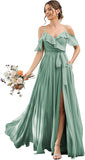 Women's Bridesmaid Dresses with Slit Long Cold Shoulder Chiffon Formal Party Dress with Pockets