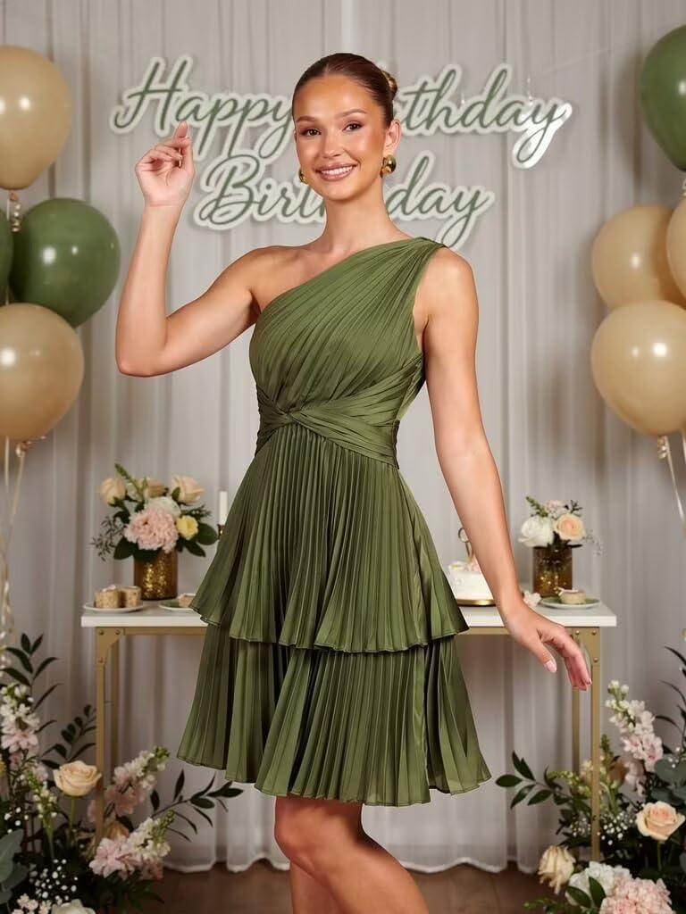 One Shoulder Satin Homecoming Dresses for Teens 2026 Short A-line Prom Dress Pleated Tiered Cocktail Party Gowns