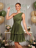 One Shoulder Satin Homecoming Dresses for Teens 2026 Short A-line Prom Dress Pleated Tiered Cocktail Party Gowns