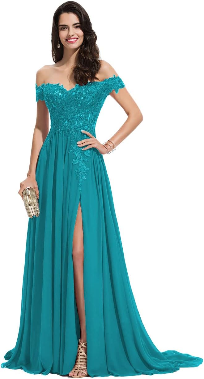 Women's Off The Shoulder Long Prom Dresses with Slit Lace Appliqued Chiffon Formal Party Gowns