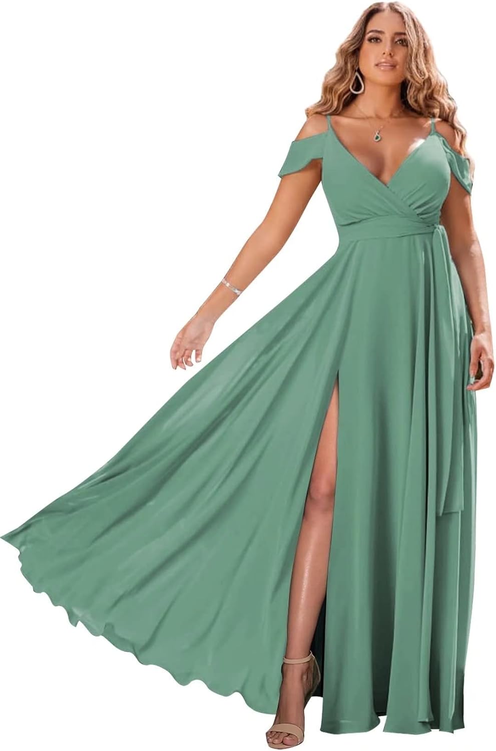 Schulterfreie Brautjungfernkleider 2025 für Frauen, langes Chiffon-Abendkleid mit V-Ausschnitt und Schlitz