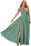 Schulterfreie Brautjungfernkleider 2025 für Frauen, langes Chiffon-Abendkleid mit V-Ausschnitt und Schlitz