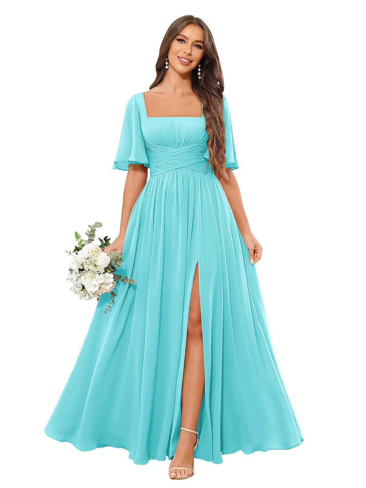 Square Neck Bridesmaid Dresses with Slit Pockets Flutter Sleeve Long Chiffon Formal Wedding Guest Dress