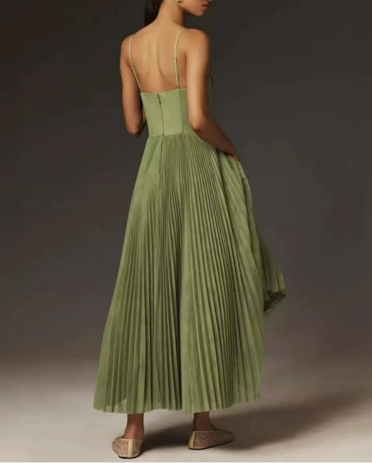 Tea Length Pleated Formal Dresses for Women Satin Bridesmaid Dress Spaghetti Straps Backless A Line Evening Gown