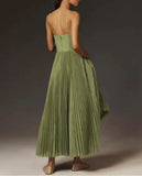 Tea Length Pleated Formal Dresses for Women Satin Bridesmaid Dress Spaghetti Straps Backless A Line Evening Gown
