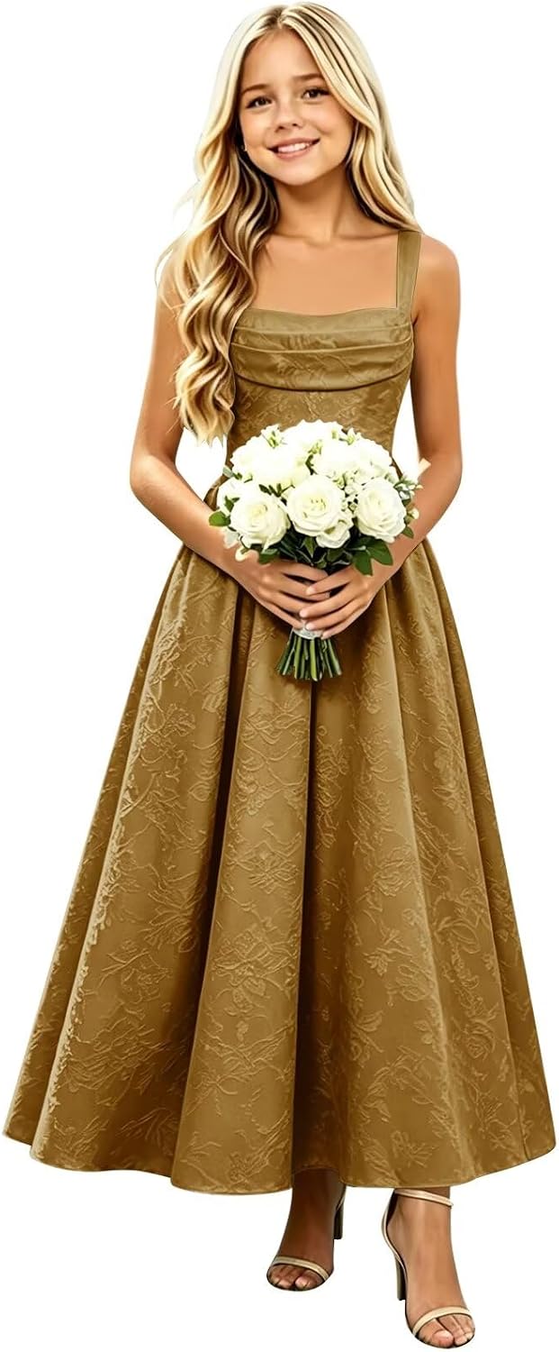 Girls Floral Satin Jacquard Junior Bridesmaid Dresses Long Ruched Flower Girl Dress for Wedding
