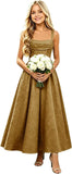 Floral Satin Jacquard Junior Bridesmaid Dresses Long Ruched Flower Girl Dress for Wedding