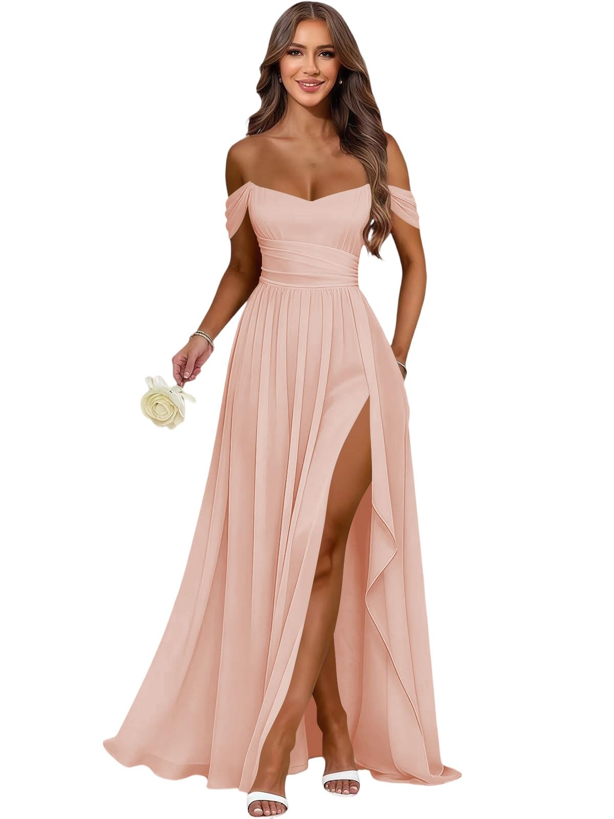 Women's Long Chiffon Bridesmaid Dresses with Slit Off Shoulder A-Line Formal Prom Evening Gown Maxi Wedding Guest Dress