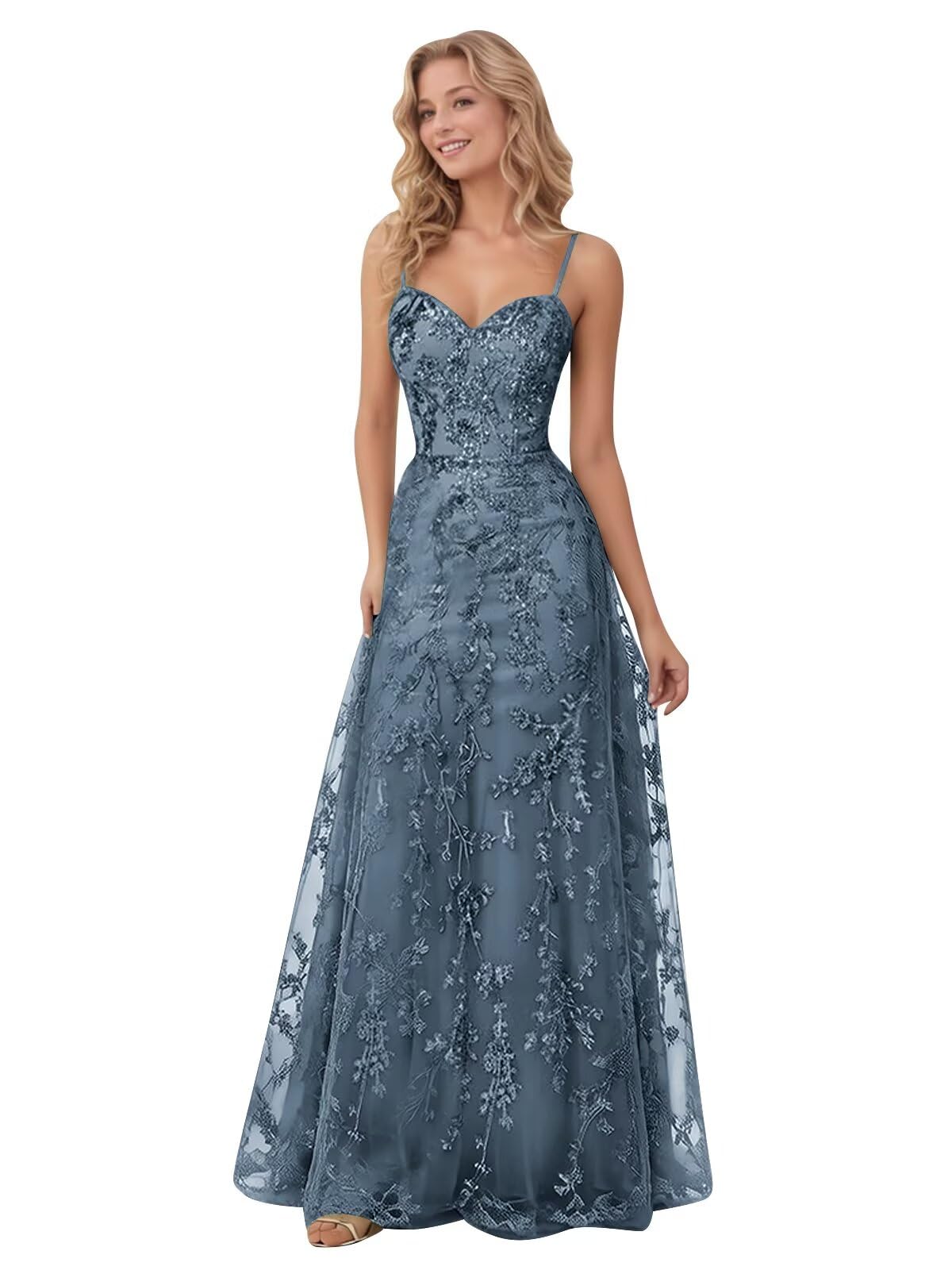 Spaghetti Strap Sparkly Prom Dress for Women Long Tulle Formal Dress Laces Evening Party Gown