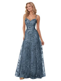 Spaghetti Strap Sparkly Prom Dress for Women Long Tulle Formal Dress Laces Evening Party Gown