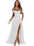 Women's Long Chiffon Bridesmaid Dresses with Slit Off Shoulder A-Line Formal Prom Evening Gown Maxi Wedding Guest Dress