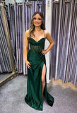 Satin Mermaid Prom Dresses Cowl Neck Spaghetti Straps Beaded Ruched Long Formal Gown with Slit
