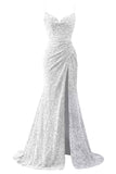 Spaghetti Straps Sequin Prom Dresses for Women 2027 Mermaid Ruched Formal Dress with Slit Sparkly Evening Party Gown