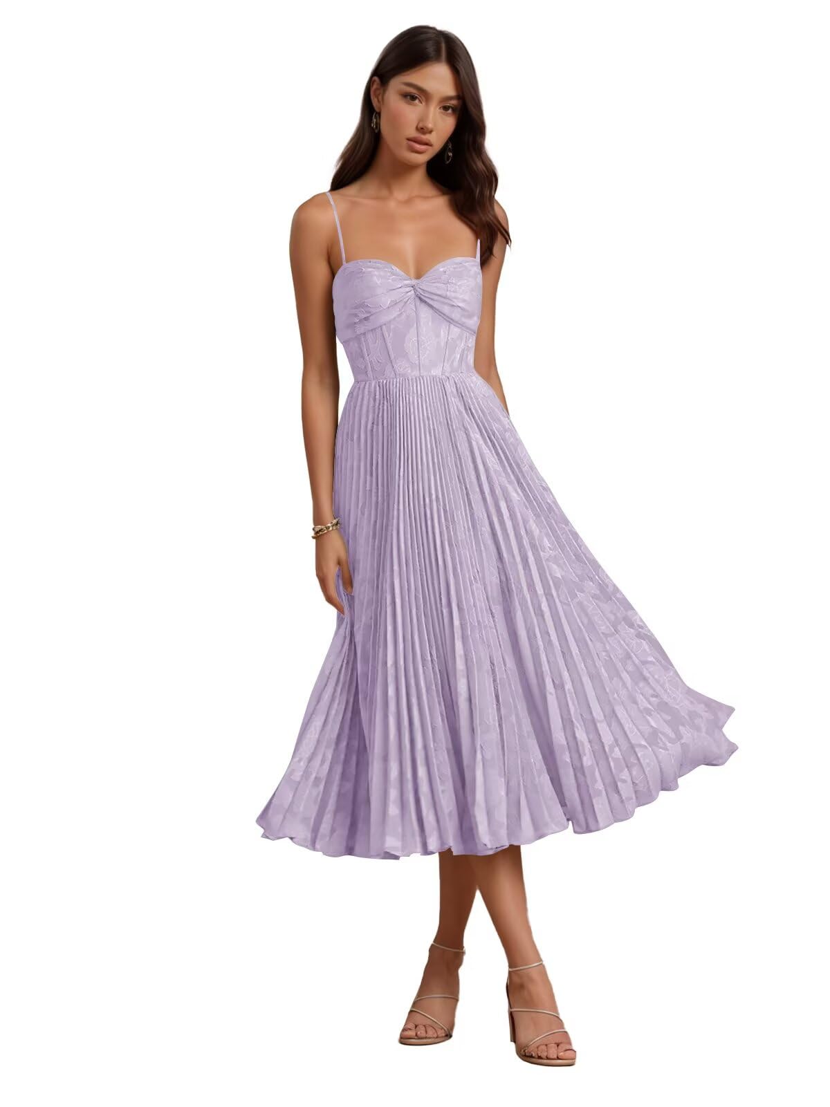 Floral Satin Midi Wedding Guest Dresses Pleated Tea Length Formal Evening Party Gowns