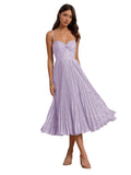 Floral Satin Midi Wedding Guest Dresses Pleated Tea Length Formal Evening Party Gowns