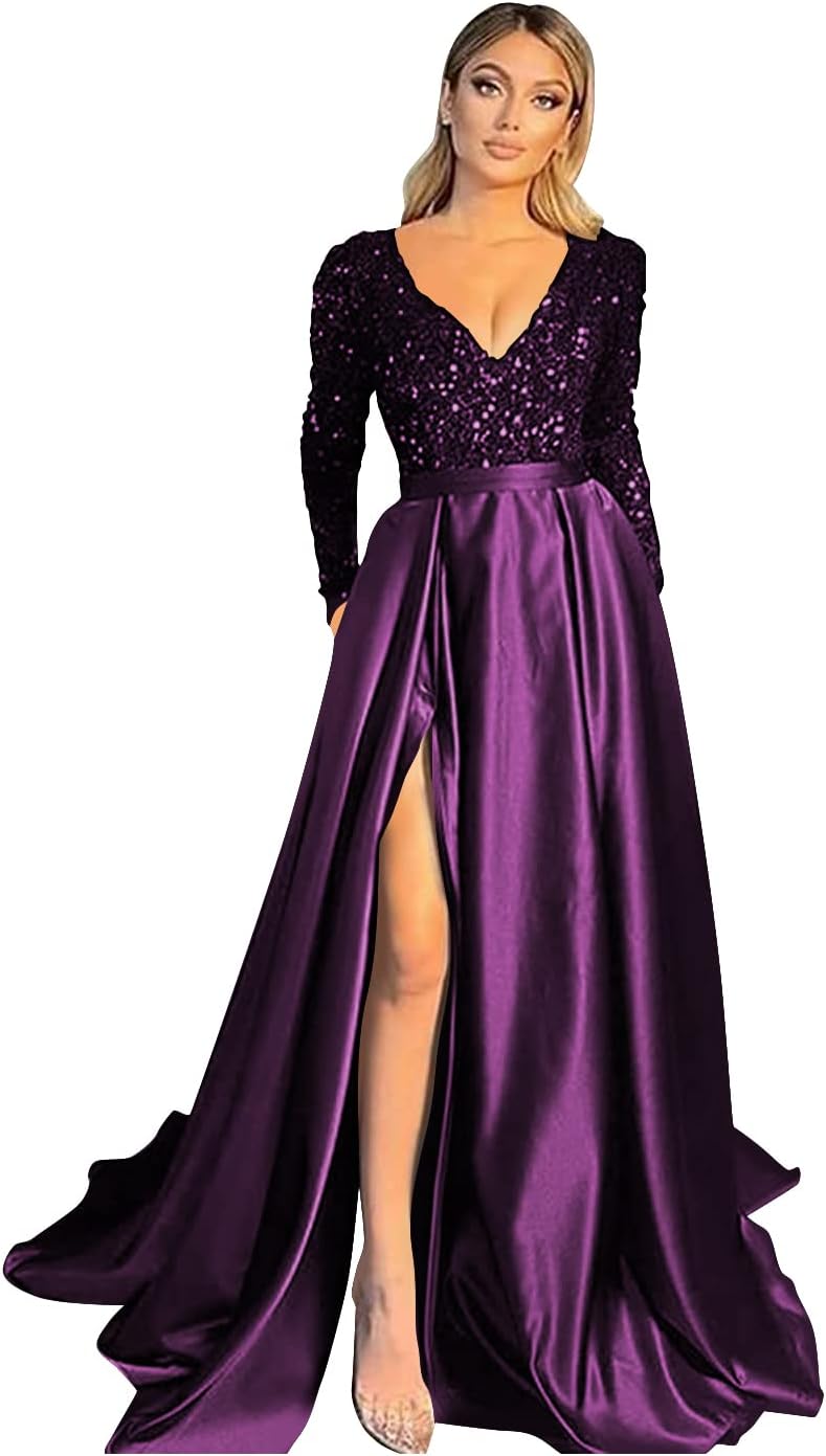 Vestido de fiesta de satén con lentejuelas brillantes para mujer, con bolsillos, manga larga y abertura. 