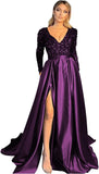 Vestido de fiesta de satén con lentejuelas brillantes para mujer, con bolsillos, manga larga y abertura. 