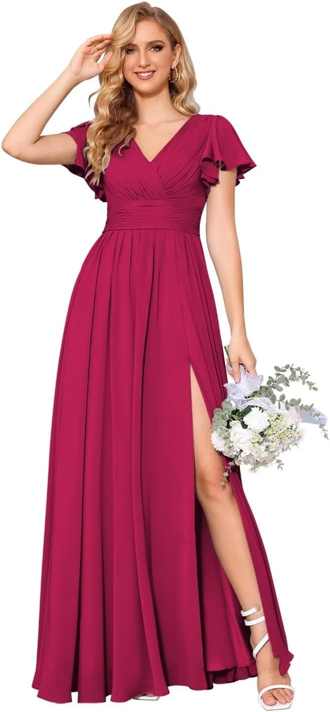 Flutter Sleeves Split Bridesmaid Dresses with Slit Long V Neck Empire Waist Formal Dress for Women Wedding