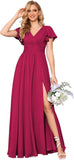 Flutter Sleeves Split Bridesmaid Dresses with Slit Long V Neck Empire Waist Formal Dress for Women Wedding