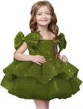 Sparkly Sequin Puffy Flower Dresses Short Girls A Line Princess Bow Knot Birthday Party Dress