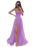 Women's Spaghetti Straps Glitter Tulle Prom Dress with Slit Cowl Neck Long Evening Formal Party Gown