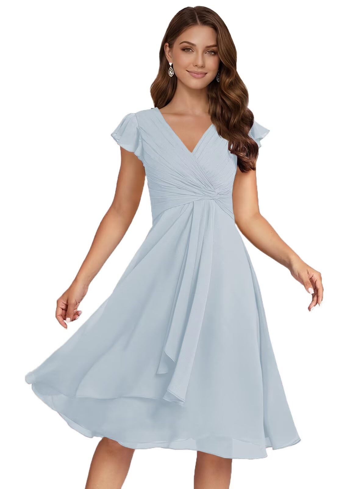 Short Chiffon Bridesmaid Dresses for Women V Neck Flutter Sleeves Ruffle Formal Cocktail Gowns with Pockets