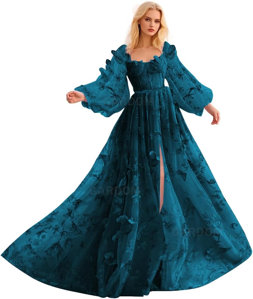 Long Sleeve 3D Butterfly Prom Dresses for Women Formal Fairy Ball Gowns Corset Tulle Evening Gowns with Slit 2026