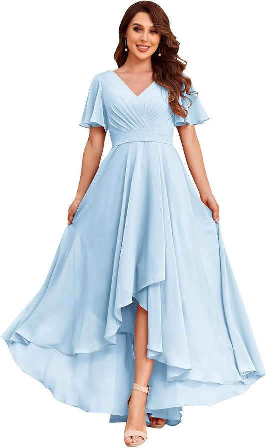 Women's Flutter Sleeve Bridesmaid Dresses with Pockets High Low Formal Dress
