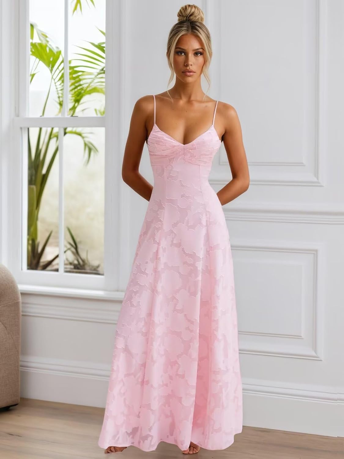 Spaghetti Strap Bridesmaid Dresses for Women Jacquard Floral A Line Long Formal Evening Gown