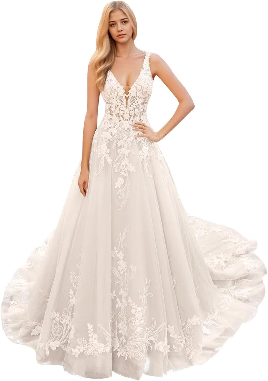 Kingbridal Gowns Lace Appliques Wedding Dresses for Bride Long V Neck Tulle Chiffon A-line Sleeveless Bridal Ball Gown for Women