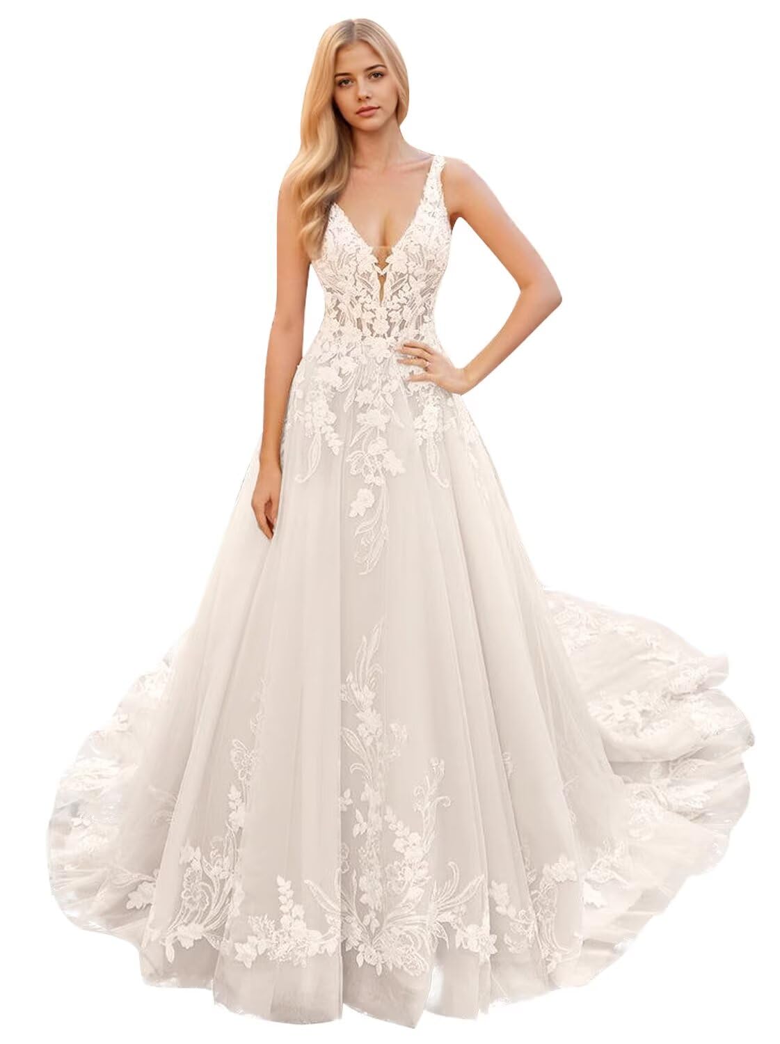 Kingbridal Gowns Lace Appliques Wedding Dresses for Bride Long V Neck Tulle Chiffon A-line Sleeveless Bridal Ball Gown for Women