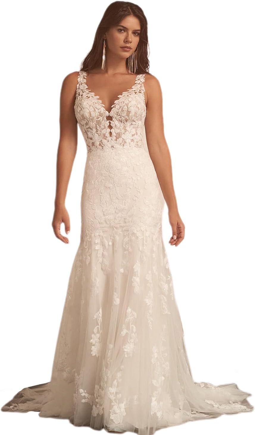 Damen Meerjungfrau Brautkleid mit Spitzenapplikationen und langen Ärmeln, V-Ausschnitt