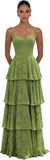 Jacquard Floral Bridesmaid Dresses for Women Long A-Line V Neck Lace Tiered Formal Evening Gown