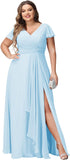 Vestidos de dama de honor de talla grande con mangas con volantes y bolsillos, vestido formal largo con escote en V y abertura. 