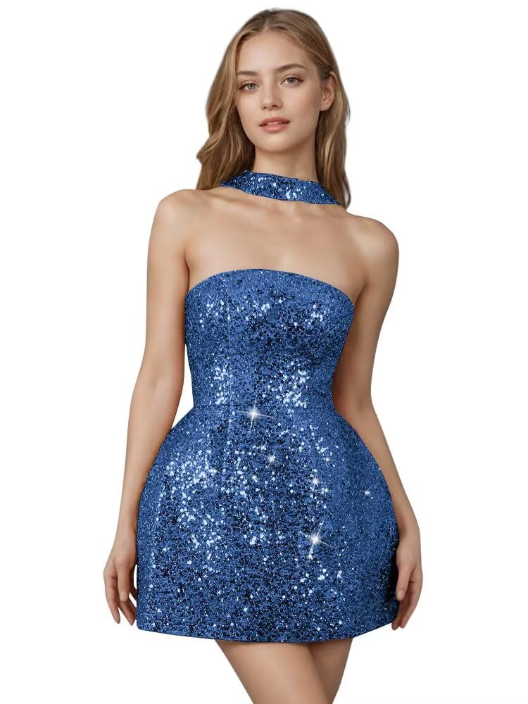Strapless Sequin Homecoming Dresses for Teens Short Prom Dress Sparkly A-Line Cocktail Party Gowns with Pockets