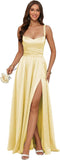 Jacquard Satin Prom Dresses with Slit Spaghetti Straps A Line Maxi Long Formal Dress