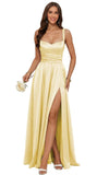 Jacquard Satin Prom Dresses with Slit Spaghetti Straps A Line Maxi Long Formal Dress