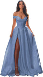 Jacquard Satin Prom Dresses Off the Shoulder Corset A Line Long Formal Gown Sweetheart Neck Party Dress with Slit