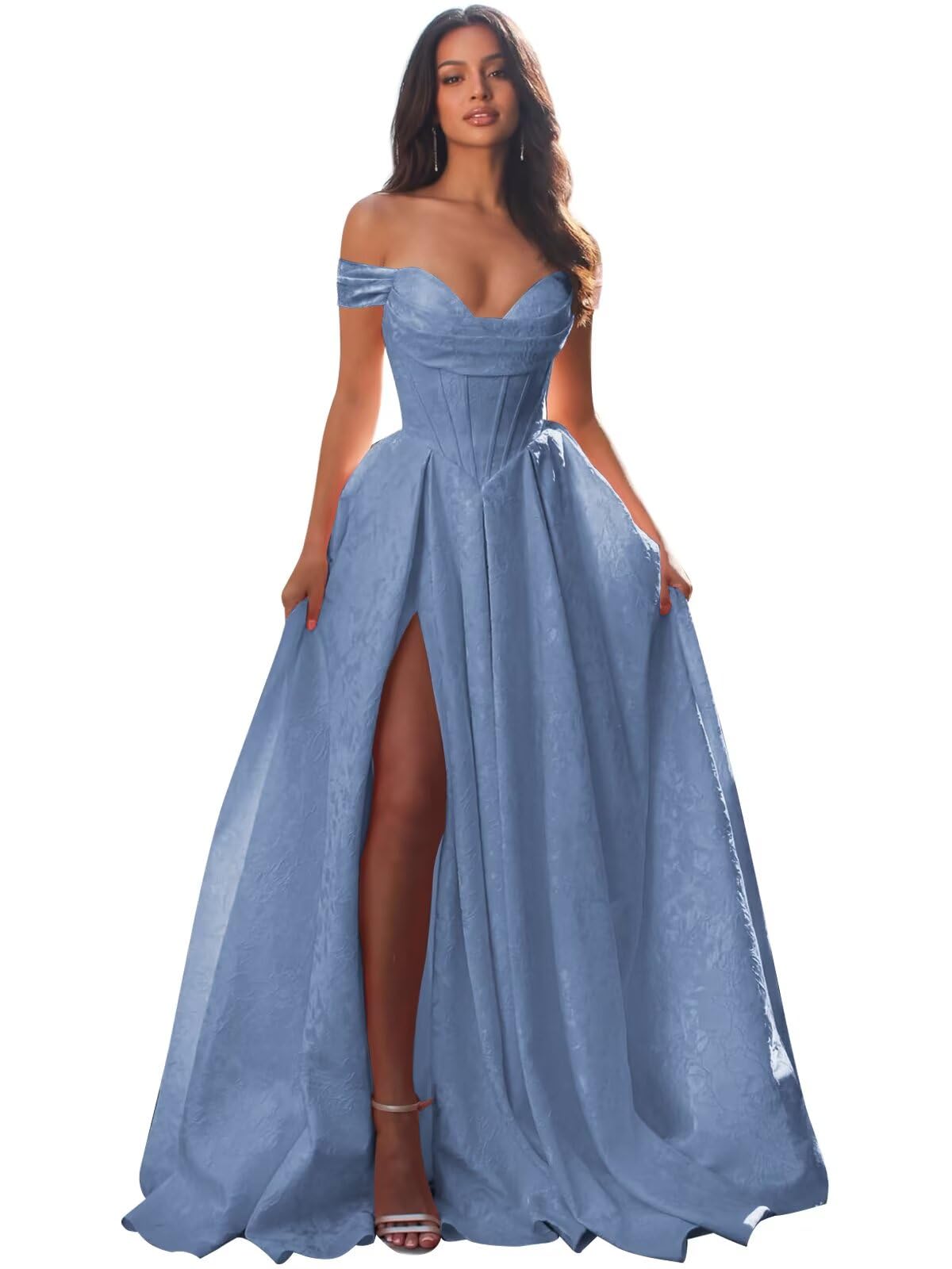 Jacquard Satin Prom Dresses Off the Shoulder Corset A Line Long Formal Gown Sweetheart Neck Party Dress with Slit
