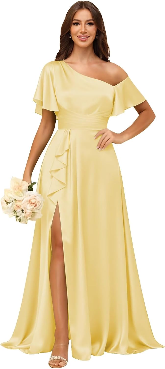 Short Sleeve Satin Bridesmaid Dresses for Women Ruffle One Shoulder Formal Evening Gowns with Slit