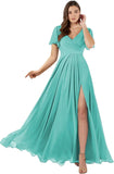 Damen Brautjungfernkleider mit Flatterärmeln, lang, mit Schlitz, V-Ausschnitt, Chiffon, formelle Kleider 