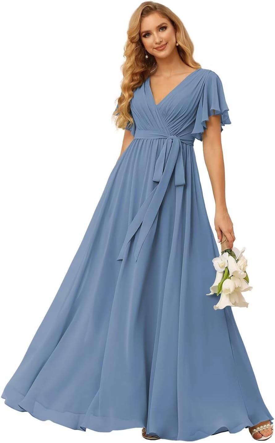 Damen Brautjungfernkleider mit Flatterärmeln, lang, mit Taschen, V-Ausschnitt, Chiffon, formelle Kleider 