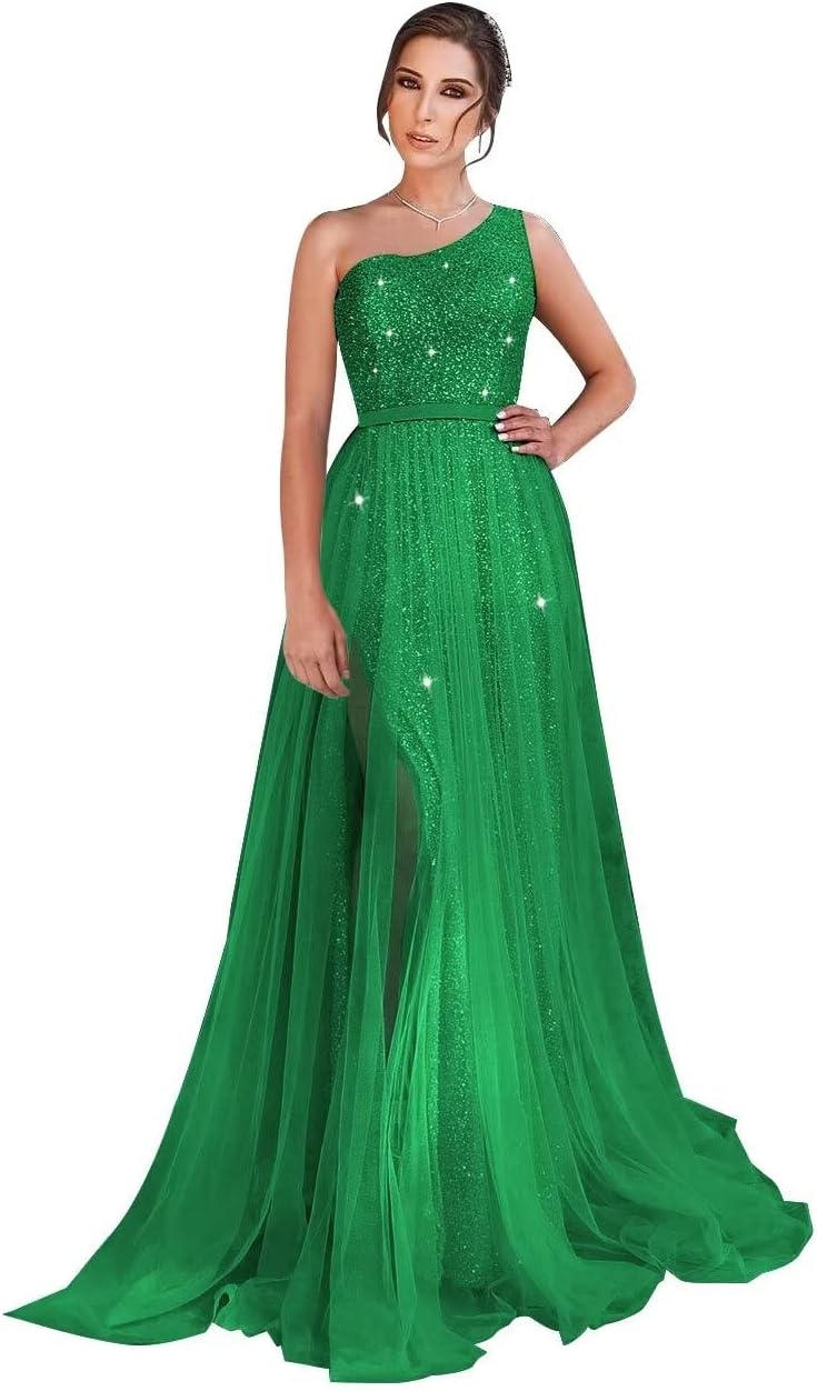 One-Shoulder-Ballkleid mit Pailletten, formelle Kleider für Damen, funkelnde Abendkleider, Tüll-Ballkleid 