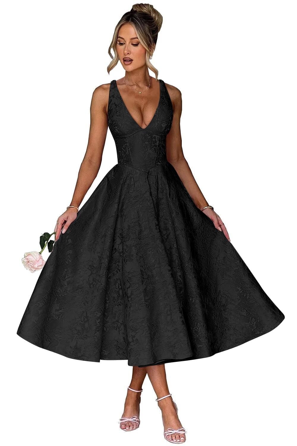 White Prom Dresses Halter Midi Jacquard Formal Dress V-Neck Engagement Dress Satin Floral Jacquard for Women 2027 with Pockets