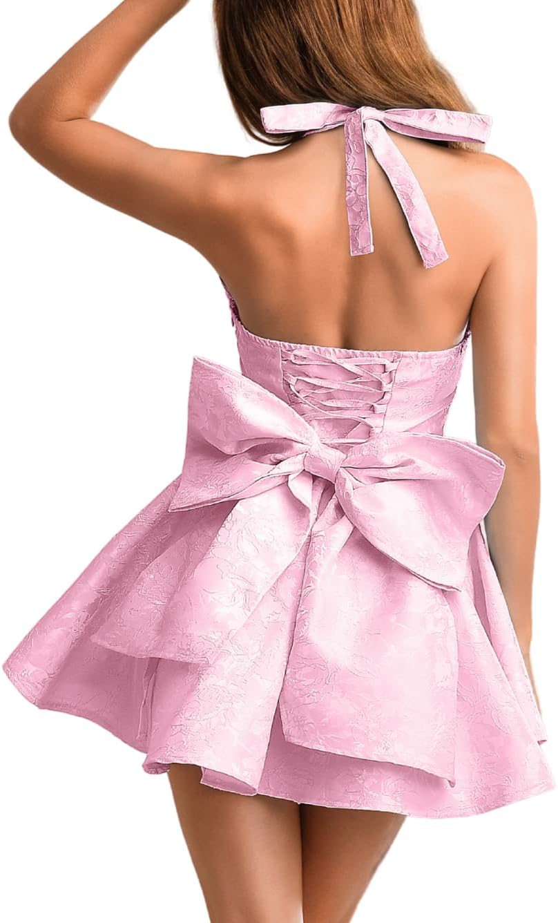 Jacquard Corset Dress,Deep V Halter Mini Dresses with Bow Back,Sexy Birthday Outfits Women Homecoming Prom Formal