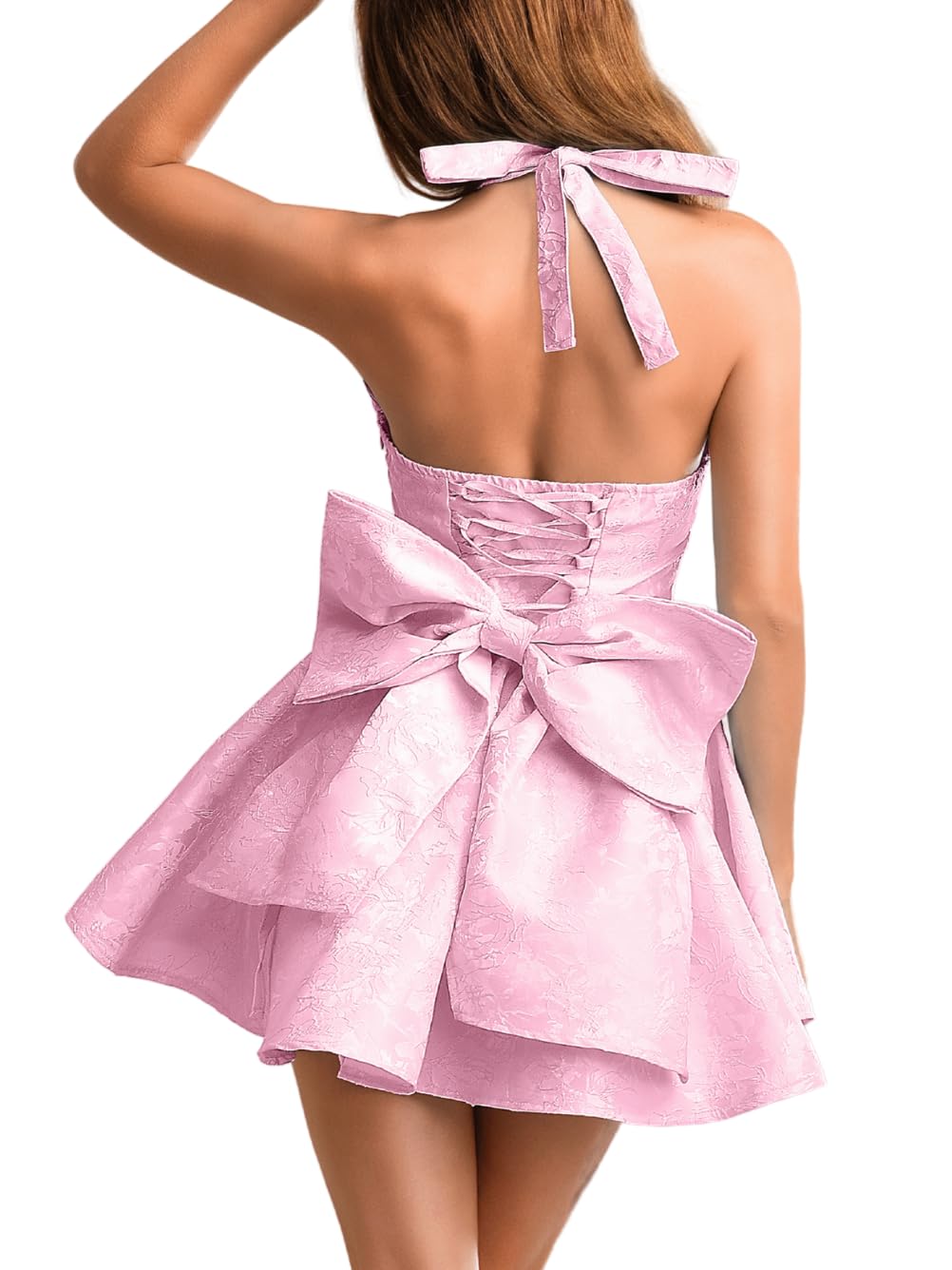 Jacquard Corset Dress,Deep V Halter Mini Dresses with Bow Back,Sexy Birthday Outfits Women Homecoming Prom Formal