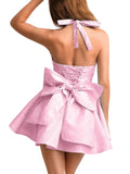 Jacquard Corset Dress,Deep V Halter Mini Dresses with Bow Back,Sexy Birthday Outfits Women Homecoming Prom Formal