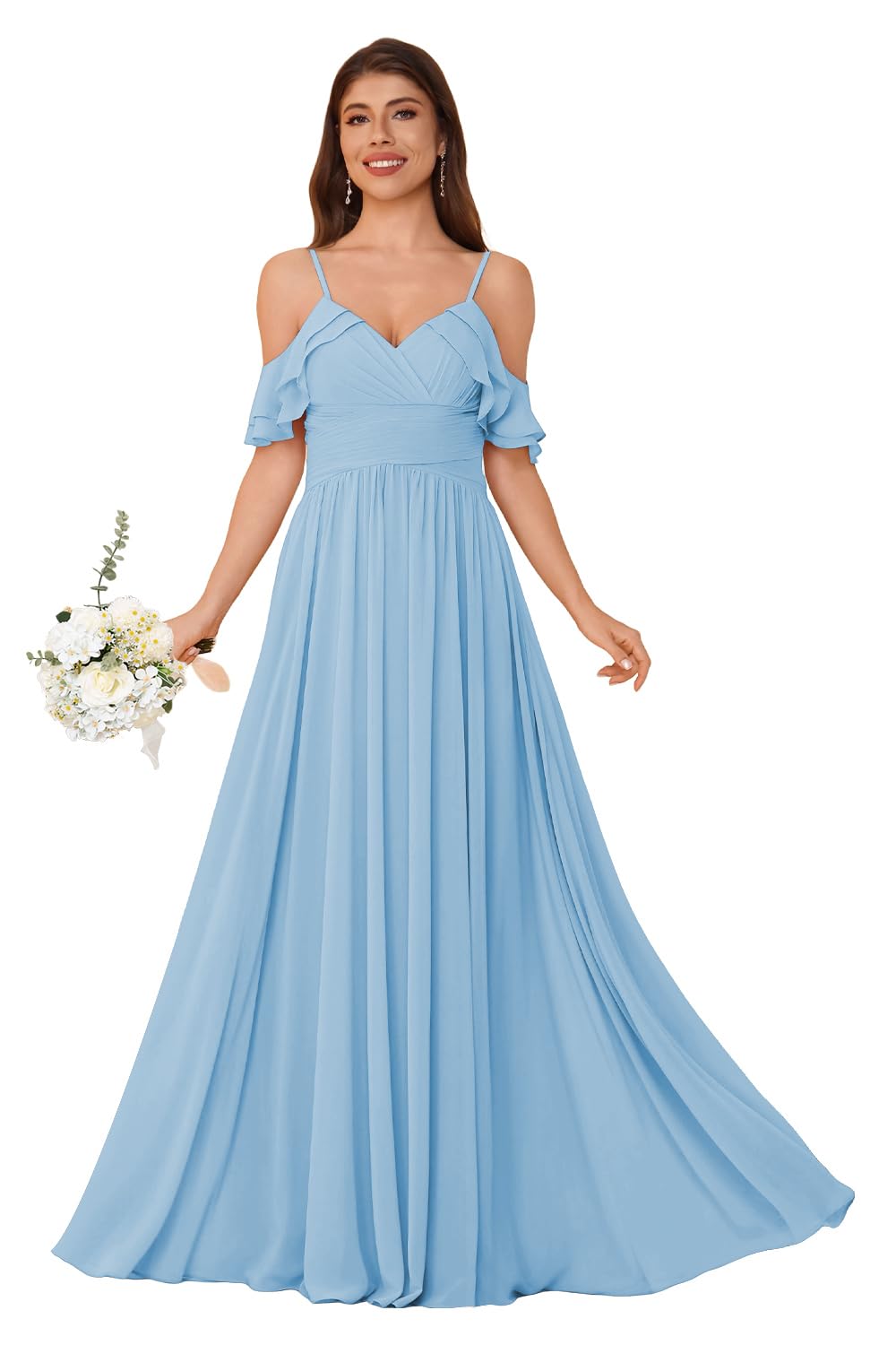 Women's Long Chiffon Bridesmaid Dresses Ruffle V Neck Formal Evening Prom Gown Spaghetti Strap Maxi Wedding Guest Dress