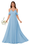Women's Long Chiffon Bridesmaid Dresses Ruffle V Neck Formal Evening Prom Gown Spaghetti Strap Maxi Wedding Guest Dress