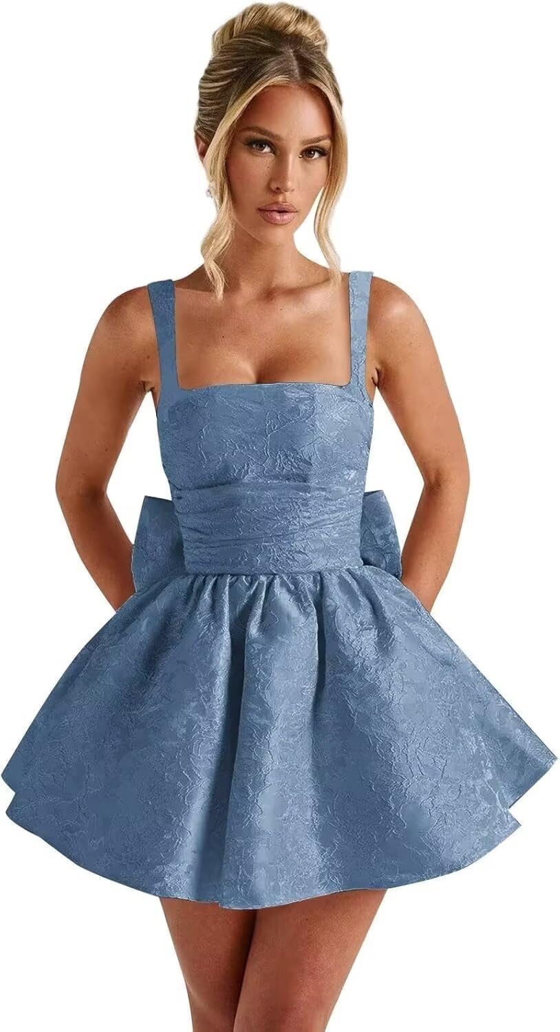 Jacquard Satin Homecoming Dresses for Teens Spaghetti Straps Short Prom Dress A-line Cocktail Party Gowns with Bow